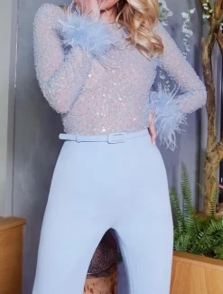 Online Women's Jumpsuit High Waist Feather Sparkly Solid Color Crew Neck Streetwear Wedding Party Regular Fit Long Sleeve White Pink Blue S M L Summer Women Jumpsuits