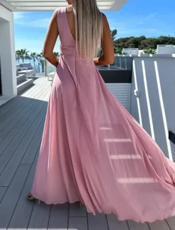 Discount Women's Jumpsuit High Waist With Train Solid Color V Neck Elegant Party Office Regular Fit Sleeveless Black Pink Blue S M L Summer Women Jumpsuits