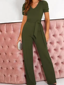 Online Women's Jumpsuit Lace up Beaded Solid Color V Neck Elegant Office Regular Fit Short Sleeve Black Army Green Red S M L Fall Women Jumpsuits