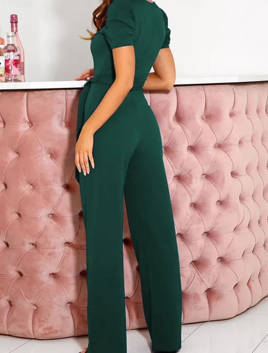 Online Women's Jumpsuit Lace up Beaded Solid Color V Neck Elegant Office Regular Fit Short Sleeve Black Army Green Red S M L Fall Women Jumpsuits