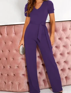 Online Women's Jumpsuit Lace up Beaded Solid Color V Neck Elegant Office Regular Fit Short Sleeve Black Army Green Red S M L Fall Women Jumpsuits