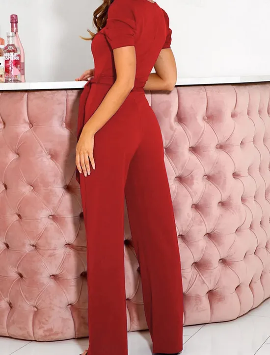 Online Women's Jumpsuit Lace up Beaded Solid Color V Neck Elegant Office Regular Fit Short Sleeve Black Army Green Red S M L Fall Women Jumpsuits