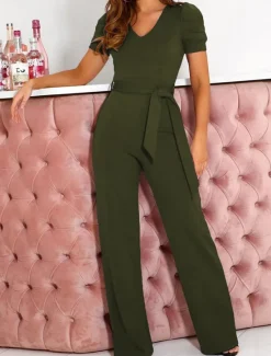 Online Women's Jumpsuit Lace up Beaded Solid Color V Neck Elegant Office Regular Fit Short Sleeve Black Army Green Red S M L Fall Women Jumpsuits
