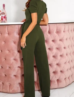 Online Women's Jumpsuit Lace up Beaded Solid Color V Neck Elegant Office Regular Fit Short Sleeve Black Army Green Red S M L Fall Women Jumpsuits