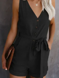 Women's Jumpsuit Sleeveless V-Neck Button Front Tie Waist Solid Color Linen-Like Casual Elegant Summer Spring One-Piece Outfit Women Rompers