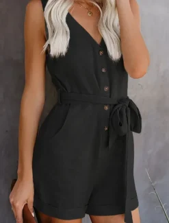 Women's Jumpsuit Sleeveless V-Neck Button Front Tie Waist Solid Color Linen-Like Casual Elegant Summer Spring One-Piece Outfit Women Rompers