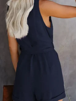 Women's Jumpsuit Sleeveless V-Neck Button Front Tie Waist Solid Color Linen-Like Casual Elegant Summer Spring One-Piece Outfit Women Rompers