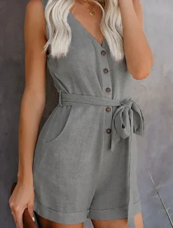 Women's Jumpsuit Sleeveless V-Neck Button Front Tie Waist Solid Color Linen-Like Casual Elegant Summer Spring One-Piece Outfit Women Rompers
