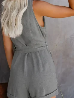 Women's Jumpsuit Sleeveless V-Neck Button Front Tie Waist Solid Color Linen-Like Casual Elegant Summer Spring One-Piece Outfit Women Rompers
