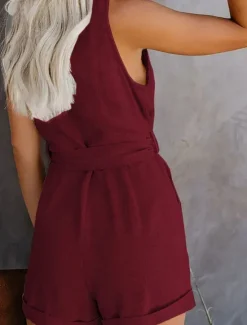 Women's Jumpsuit Sleeveless V-Neck Button Front Tie Waist Solid Color Linen-Like Casual Elegant Summer Spring One-Piece Outfit Women Rompers