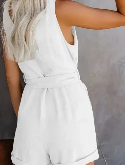 Women's Jumpsuit Sleeveless V-Neck Button Front Tie Waist Solid Color Linen-Like Casual Elegant Summer Spring One-Piece Outfit Women Rompers