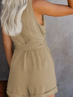 Women's Jumpsuit Sleeveless V-Neck Button Front Tie Waist Solid Color Linen-Like Casual Elegant Summer Spring One-Piece Outfit Women Rompers