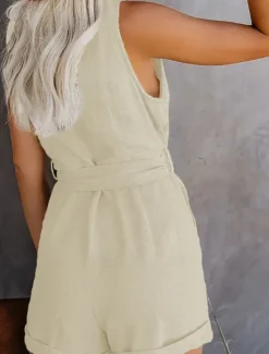 Women's Jumpsuit Sleeveless V-Neck Button Front Tie Waist Solid Color Linen-Like Casual Elegant Summer Spring One-Piece Outfit Women Rompers