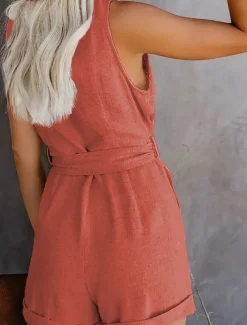Women's Jumpsuit Sleeveless V-Neck Button Front Tie Waist Solid Color Linen-Like Casual Elegant Summer Spring One-Piece Outfit Women Rompers
