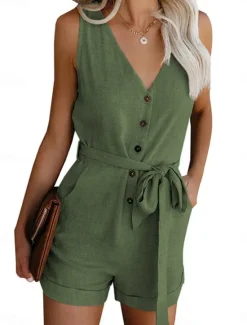 Women's Jumpsuit Sleeveless V-Neck Button Front Tie Waist Solid Color Linen-Like Casual Elegant Summer Spring One-Piece Outfit Women Rompers
