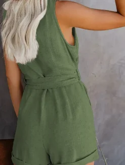 Women's Jumpsuit Sleeveless V-Neck Button Front Tie Waist Solid Color Linen-Like Casual Elegant Summer Spring One-Piece Outfit Women Rompers