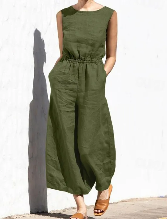 Hot Women's Jumpsuit Solid Color Crew Neck Holiday Work Daily Regular Fit Sleeveless Sleeveless Orange red Amy Green Black S M L Fall Summer Women Jumpsuits
