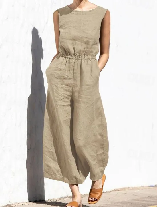 Hot Women's Jumpsuit Solid Color Crew Neck Holiday Work Daily Regular Fit Sleeveless Sleeveless Orange red Amy Green Black S M L Fall Summer Women Jumpsuits