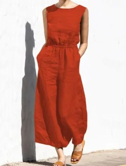 Hot Women's Jumpsuit Solid Color Crew Neck Holiday Work Daily Regular Fit Sleeveless Sleeveless Orange red Amy Green Black S M L Fall Summer Women Jumpsuits