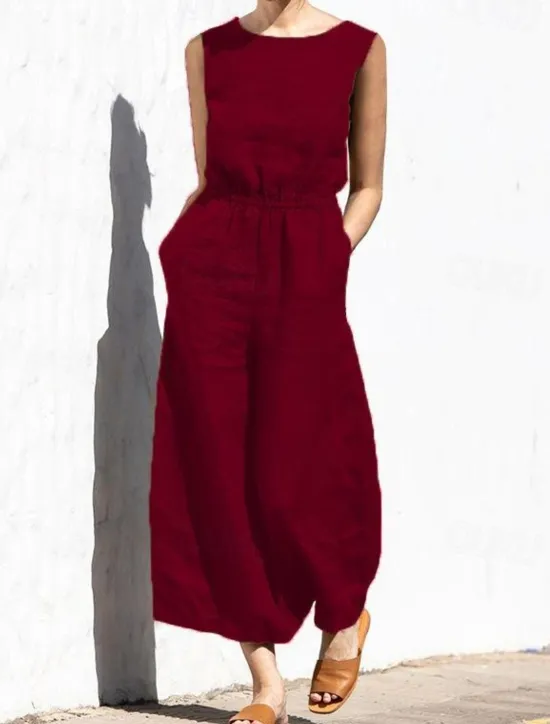 Hot Women's Jumpsuit Solid Color Crew Neck Holiday Work Daily Regular Fit Sleeveless Sleeveless Orange red Amy Green Black S M L Fall Summer Women Jumpsuits