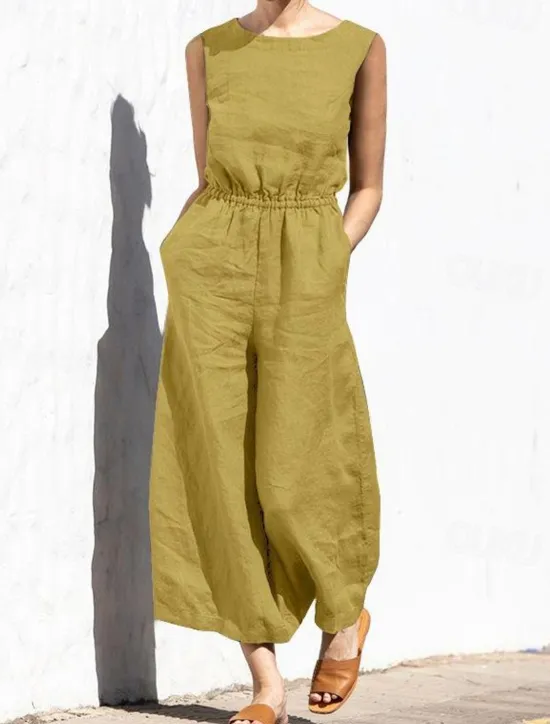 Hot Women's Jumpsuit Solid Color Crew Neck Holiday Work Daily Regular Fit Sleeveless Sleeveless Orange red Amy Green Black S M L Fall Summer Women Jumpsuits