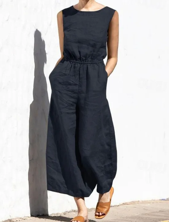 Hot Women's Jumpsuit Solid Color Crew Neck Holiday Work Daily Regular Fit Sleeveless Sleeveless Orange red Amy Green Black S M L Fall Summer Women Jumpsuits