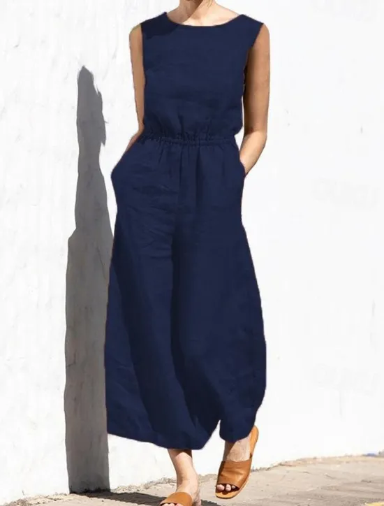 Hot Women's Jumpsuit Solid Color Crew Neck Holiday Work Daily Regular Fit Sleeveless Sleeveless Orange red Amy Green Black S M L Fall Summer Women Jumpsuits