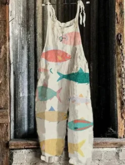 Sale Women's Jumpsuit Vacation Vintage Ethnic Style Full Length Mid Waist Animal Fish Breathability Lightweight Soft Inelastic Causal Casual Daily White Blue Khaki Beige Summer Spring Women Graphic Jumpsuit