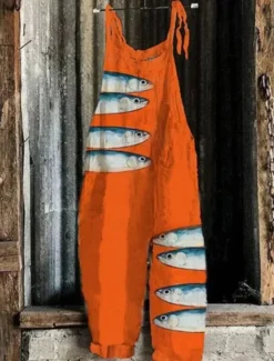 Clearance Women's Jumpsuit Vacation Vintage Ethnic Style Full Length Mid Waist Animal Fish Breathability Lightweight Soft Inelastic Causal Casual Daily Black White Navy Blue Orange Summer Spring Women Graphic Jumpsuit