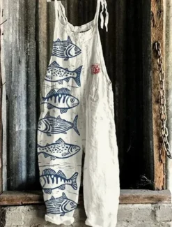 Clearance Women's Jumpsuit Vacation Vintage Ethnic Style Full Length Mid Waist Animal Fish Breathability Lightweight Soft Inelastic Causal Casual Daily Black White Navy Blue Orange Summer Spring Women Graphic Jumpsuit