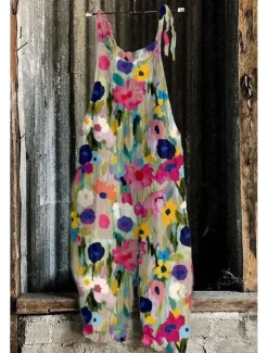 Hot Women's Jumpsuit Vacation Vintage Ethnic Style Full Length Mid Waist Floral Graphic Animal Breathability Lightweight Soft Inelastic Formal Vacation Street Blue Red Green Summer Spring Women Graphic Jumpsuit