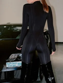 New Women's Jumpsuit Workout Bodysuit Zipper Solid Color Crew Neck Active Street Sport Regular Fit Long Sleeve Brown White S M L Winter Gym Cold Weather Women Bodysuits