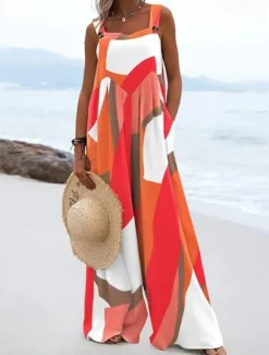 Sale Women's Jumpsuits Bib Casual Summer Pocket Print Color Block Square Neck Street Daily Regular Fit Sleeveless Purple Orange Navy Blue S M L Spring Women Overalls