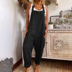 New Women's Jumpsuits Casual Bib Utility Rompers Side Pockets Full Length Pants Weekend Inelastic Plain Faux Linen Comfort Mid Waist Green Black Red S M L XL XXL Summer Fall Dungarees Women Jumpsuits
