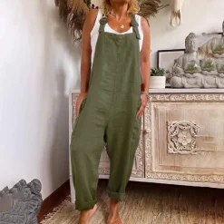 New Women's Jumpsuits Casual Bib Utility Rompers Side Pockets Full Length Pants Weekend Inelastic Plain Faux Linen Comfort Mid Waist Green Black Red S M L XL XXL Summer Fall Dungarees Women Jumpsuits