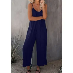 Women's Jumpsuits Casual Summer Basic Daily Wide Leg Navy Blue Overall Solid Color Women Jumpsuits