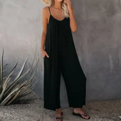 Women's Jumpsuits Casual Summer Basic Daily Wide Leg Navy Blue Overall Solid Color Women Jumpsuits