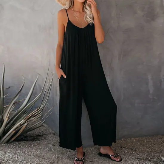 Women's Jumpsuits Casual Summer Basic Daily Wide Leg Navy Blue Overall Solid Color Women Jumpsuits