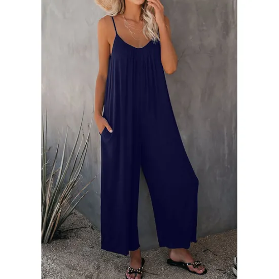 Women's Jumpsuits Casual Summer Basic Daily Wide Leg Navy Blue Overall Solid Color Women Jumpsuits
