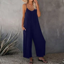Women's Jumpsuits Casual Summer Basic Daily Wide Leg Navy Blue Overall Solid Color Women Jumpsuits