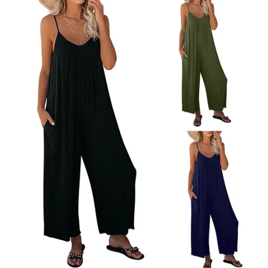 Women's Jumpsuits Casual Summer Basic Daily Wide Leg Navy Blue Overall Solid Color Women Jumpsuits