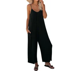 Women's Jumpsuits Casual Summer Basic Daily Wide Leg Navy Blue Overall Solid Color Women Jumpsuits