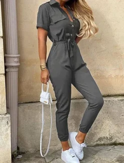 Online Women's Jumpsuits Casual Summer Button Solid Color Shirt Collar Streetwear Daily Vacation Regular Fit Short Sleeve Pink Wine Navy Blue S M L Women Jumpsuits