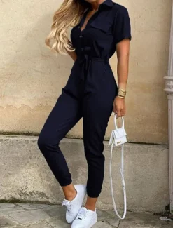 Online Women's Jumpsuits Casual Summer Button Solid Color Shirt Collar Streetwear Daily Vacation Regular Fit Short Sleeve Pink Wine Navy Blue S M L Women Jumpsuits