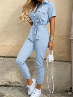 Online Women's Jumpsuits Casual Summer Button Solid Color Shirt Collar Streetwear Daily Vacation Regular Fit Short Sleeve Pink Wine Navy Blue S M L Women Jumpsuits
