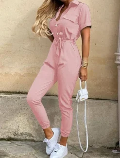 Online Women's Jumpsuits Casual Summer Button Solid Color Shirt Collar Streetwear Daily Vacation Regular Fit Short Sleeve Pink Wine Navy Blue S M L Women Jumpsuits