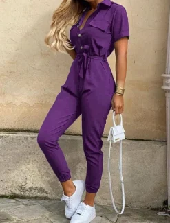 Online Women's Jumpsuits Casual Summer Button Solid Color Shirt Collar Streetwear Daily Vacation Regular Fit Short Sleeve Pink Wine Navy Blue S M L Women Jumpsuits