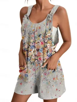 Online Womens Jumpsuits Casual Summer Overall Patch Pocket Print Floral Crew Neck Streetwear Daily Vacation Regular Fit Sleeveless Black White Yellow S M L Women Graphic Jumpsuit