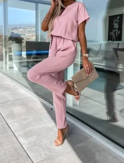 Hot Women's Jumpsuits Casual Summer Lace up High Waist Solid Color Crew Neck Business Office Work Loose Fit Short Sleeve Black Pink Fuchsia S M L Women Jumpsuits