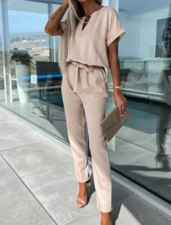 Hot Women's Jumpsuits Casual Summer Lace up High Waist Solid Color Crew Neck Business Office Work Loose Fit Short Sleeve Black Pink Fuchsia S M L Women Jumpsuits